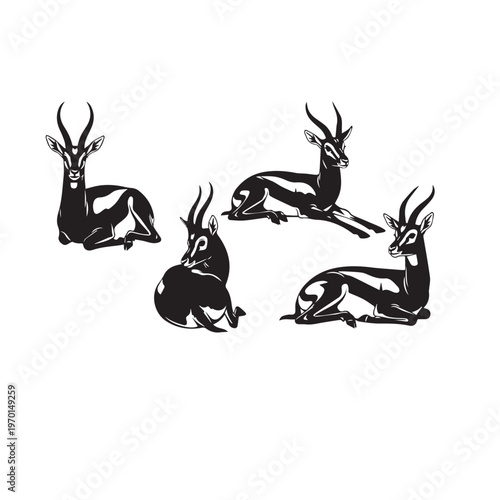 Title 1: Gazelle Sitting Silhouette Black and White Vector Illustration Title 2: Gazelle Resting Silhouette Collection Minimal Wildlife Vector Gazelle Sitting Pose Silhouette Pack Black White