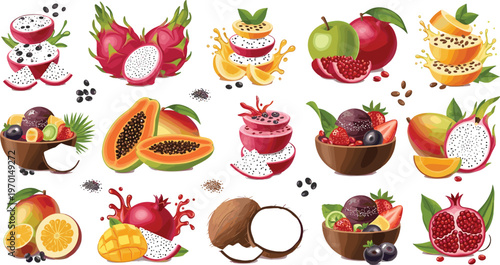 Tropical fruit collection with exotic slices bowls and splashes, colorful fresh food vector set isolated on white background