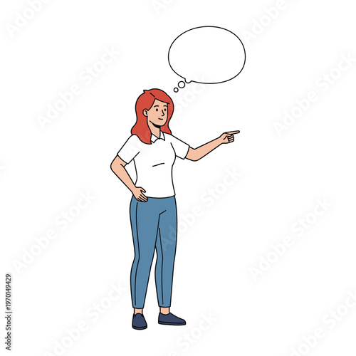 Redheaded woman in a white shirt and blue pants points with a blank thought bubble above her head.