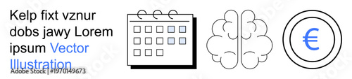 Business planning, cognitive processes, entrepreneurship, event management, financial decisions, economic concepts. Icon set includes a calendar, brain and Euro symbol. Business planning