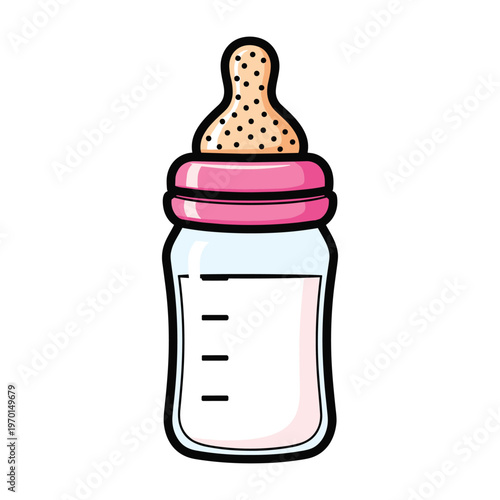 Illustration of a baby bottle filled with milk and featuring a pink cap and nipple.