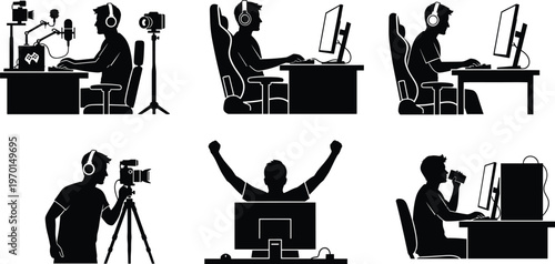 Collection of Black Silhouettes Featuring Professional Gamers and Streamers Using Computers Microphones and Cameras for Live Streaming Esports Vlogging and Online Content Creation Work