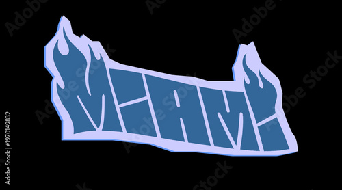 Miami City Name Written in Bold Graffiti Tag Sticker Style with Vibrant Blue and Cyan Block Lettering for Urban Streetwear and Souvenir Design