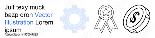 Business, achievement, financial success, productivity, rewards, economic growth. Gear, award ribbon and coin symbols. Business and achievement concept highlighted