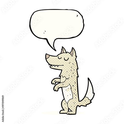 Hand drawn cartoon of a cute grey wolf standing on its hind legs with an empty speech bubble.