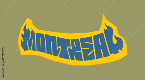 Montreal City Name Written in Bold Graffiti Tag Sticker Style with Vibrant Yellow and Blue Block Lettering for Urban Streetwear and Souvenir Design