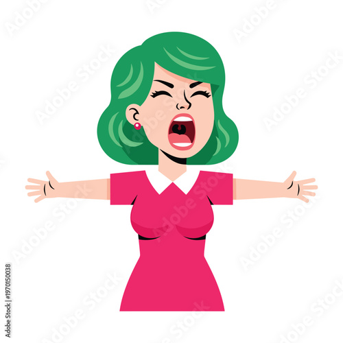 Cartoon woman with green hair and pink dress shouting loudly with her arms spread wide apart