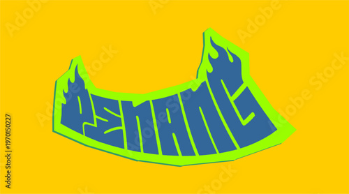 Penang City Name Written in Bold Graffiti Tag Sticker Style with Vibrant Green and Yellow Block Lettering for Urban Streetwear and Souvenir Design