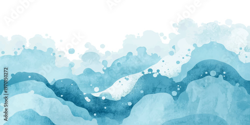 An abstract winter landscape featuring blue ice and white snow on the cold water of a glacier lake under a sunlit sky with waves and distant mountains