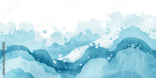 A serene winter landscape of abstract blue ice and water features a white glacier mountain under a sunny sky with waves rippling across the cold arctic sea