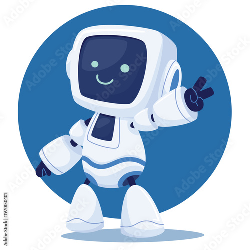 A cute, white cartoon android character with a screen for a face. The robot shows a V sign and enjoy