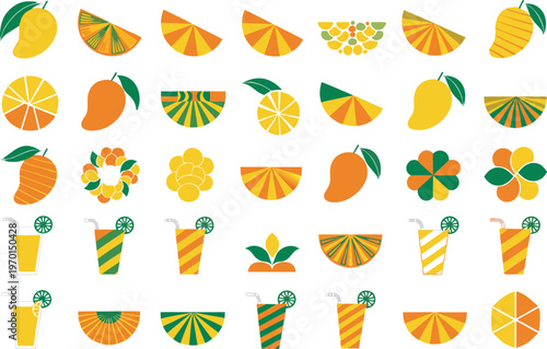 Assorted mango slices and tropical juice vector graphics