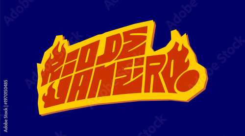 Rio De Janeiro City Name Written in Bold Graffiti Tag Sticker Style with Vibrant Yellow and Orange Block Lettering for Urban Streetwear Design