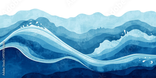 Abstract blue wave illustration featuring a serene mountain landscape with a misty sea and clouds under a summer sky