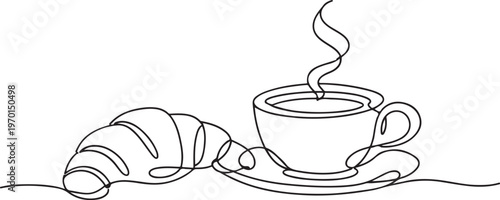 Croissant and coffee line art cozy breakfast cafe concept minimalist bakery drink illustration