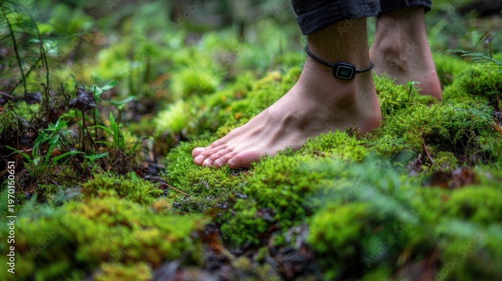 Fototapeta premium Bare feet on moss ankle band hiker steps lightly across plush forest carpet, trousers rolled up, tracker visible, playful exploration and earthy mood emphasize freedom and curiosity.