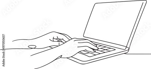 Hands typing on laptop line drawing remote work digital communication minimalist office illustration