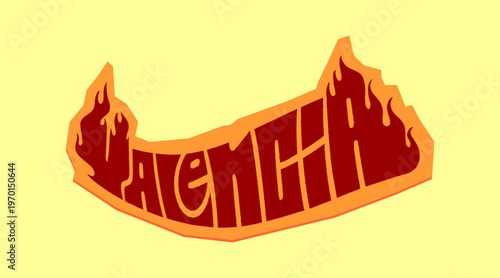 Valencia City Name Written in Bold Graffiti Tag Sticker Style with Vibrant Red and Yellow Block Lettering for Urban Streetwear and Souvenir Design