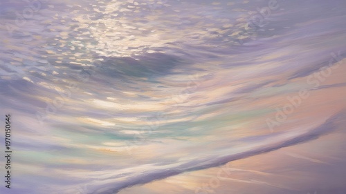Pastel Ocean Waves with Sunlight Reflection, Abstract Seascape Illustration, Soft Gradient Water Colors