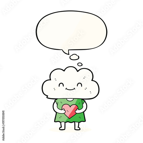Cute cartoon cloud character wearing a green dress and holding a red heart with a thought bubble