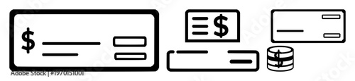 Solid black icon, white background: payroll salary check icon set with simple line art design featuring outline, illustration, graphic elements with clean design and vector art