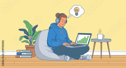 A young man sits on a bean bag chair with a laptop showing a graph and thinks with a light bulb above his head in a cozy room with a plant and books.