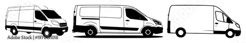 Solid black icon, white background: fleet management van set with simple line art design featuring outline, illustration, graphic elements with clean design and vector art