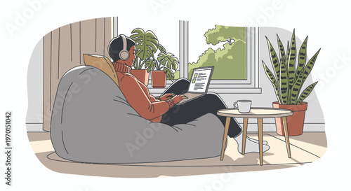 Illustration of a man sitting on a gray bean bag chair working on a laptop with a wooden table and potted plants in a cozy room by a window.