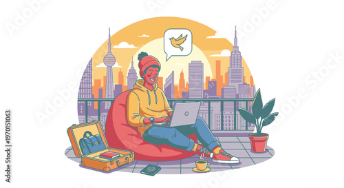 A young woman sits on a bean bag chair with a laptop on a rooftop overlooking a city skyline with a thoughtful expression.