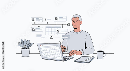 An older man works on a laptop with a tablet and coffee cup on the desk in a simple office setting with a plant and workflow diagrams on the wall.