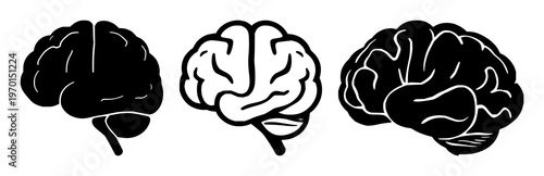 Brain learning icon set with solid black design on white background featuring brain, education, knowledge with memory and growth