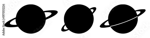 Planet icon set with solid black silhouette on white background featuring celestial object, space, astronomy with vector and minimalism