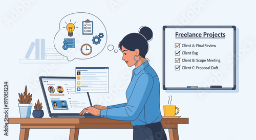 A woman works on a laptop at a wooden desk with a notepad and coffee mug nearby, brainstorming freelance projects on a whiteboard in the background with a thoughtful expression.