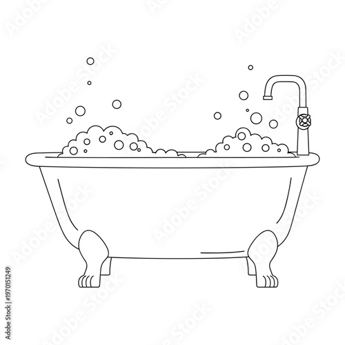 Line art illustration of a vintage clawfoot bathtub filled with bubbly soapy water and a faucet.