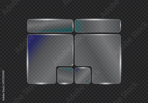 Modern glassmorphism UI panels with transparent liquid glass shapes, frames and buttons vector style.