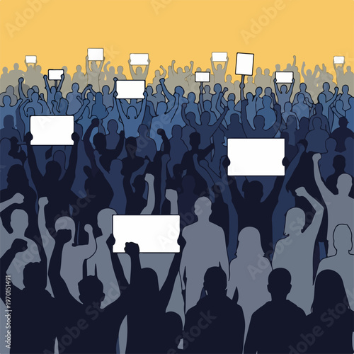 Large protest crowd raises blank signs and fists against gradient sky backdrop. Unified protest crowd demonstrates collective action, advocating for social change and justice.