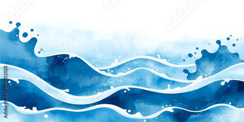 An abstract blue vector illustration featuring a nature landscape of ocean waves and mountain peaks under a winter sky with a cold ice and snow pattern