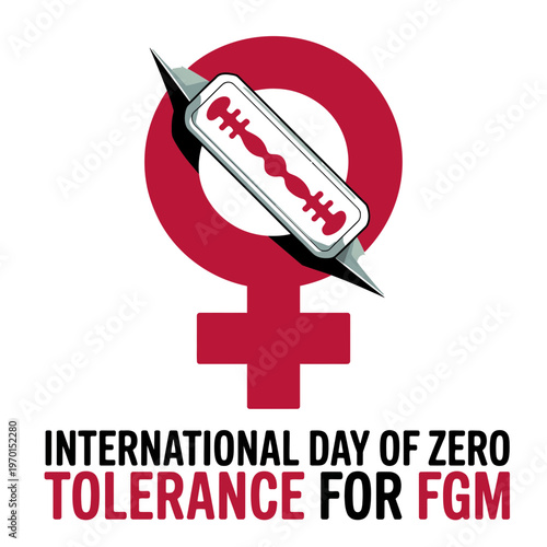 A vector graphic illustration of a syringe piercing a female symbol on International Day of Zero Tolerance for FGM
