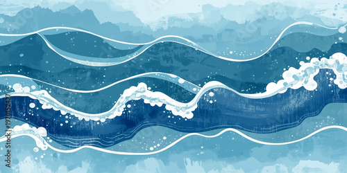 An abstract blue vector illustration featuring flowing ocean waves and liquid curves creates a decorative nature-inspired backdrop with a light blue sky pattern for a summer landscape wallpaper