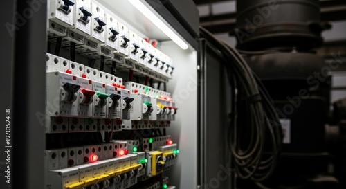 Close-Up of Industrial Electrical Panel with Circuit Breakers