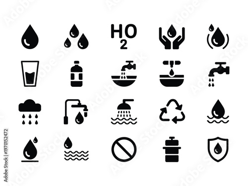 A collection of various water related icons including drops taps and bottles for different uses