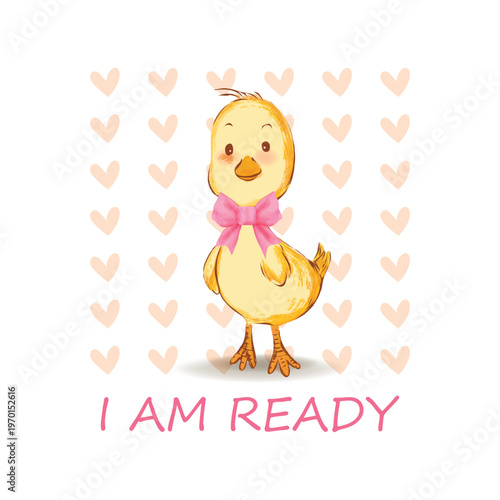 A cute of a baby duck wearing a pink bow vector illustration. suitable for themes of love, readiness, positivity, and cute character design.