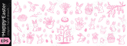 Happy Easter bunny sketch with coquette happy doodle elements, an egg line drawing and floral hand illustration for spring. Vintage graphic pencil outline of a rabbit with basket, bow, and branch.