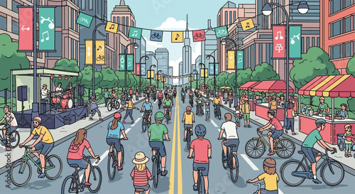 Diverse group of people enjoying a bicycle parade on a city street.