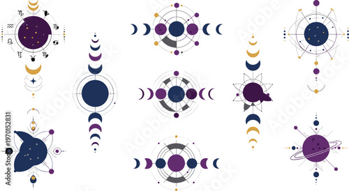 Celestial geometric symbols collection with moon phases sacred geometry astrology signs cosmic patterns and mystical illustration set