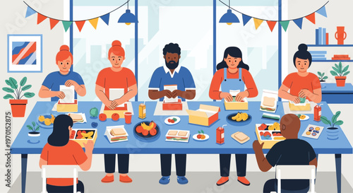 Diverse group of people enjoying a meal together.