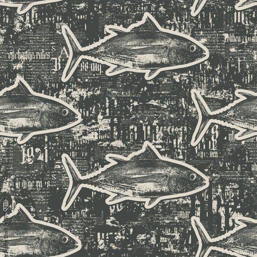 Vector grunge seamless pattern with tuna on the background of magazine page, newspaper with elements of text, font. Print, fabric, textile. Wallpaper, wrapping paper, tile, t-shirt design