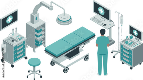 Isometric hospital operating room with surgical equipment doctor workstation medical devices healthcare technology modern clinic vector illustration