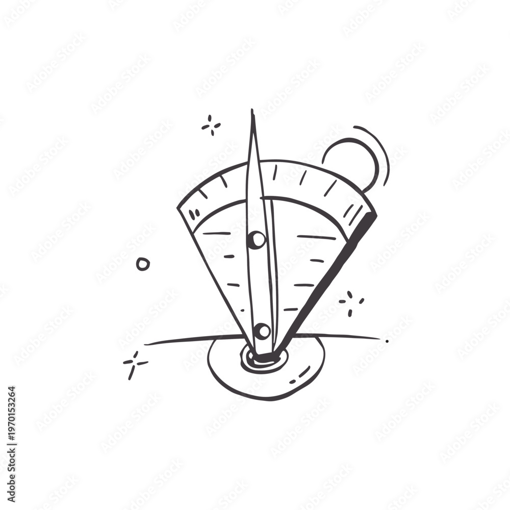 Fototapeta premium Hand-drawn sundial with sun and sparkles, ancient timekeeping device, outdoor measurement
