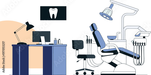 Modern dental clinic interior with dentist chair equipment workspace oral healthcare tools isometric vector illustration clean medical environment concept
